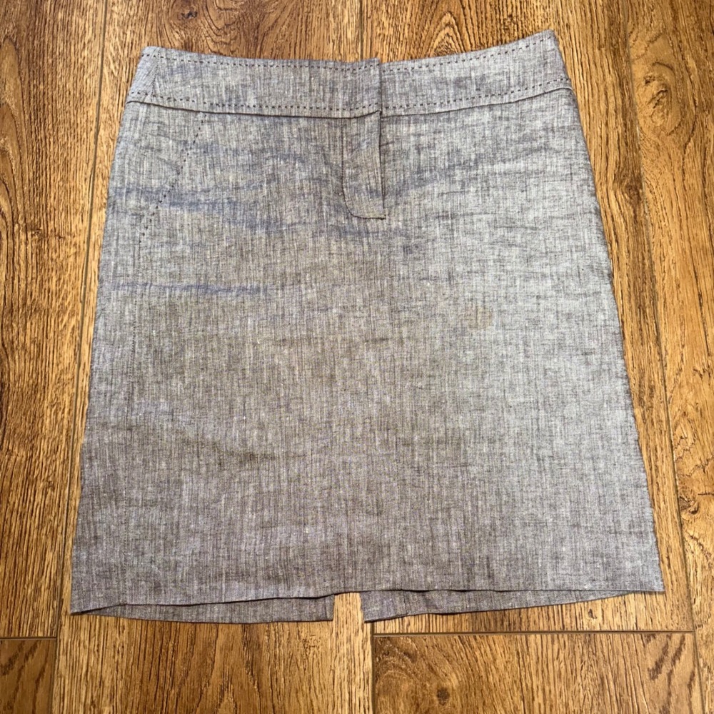 Bebe Italian Fabric Brown Linen Pick Stitch Mini Pencil Skirt sz 2 Capsule Slit